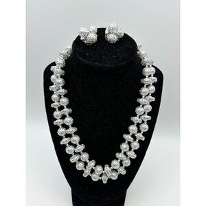 1950s 2-Strand Filigree Metal Bead Necklace Earrings-Silver Tone